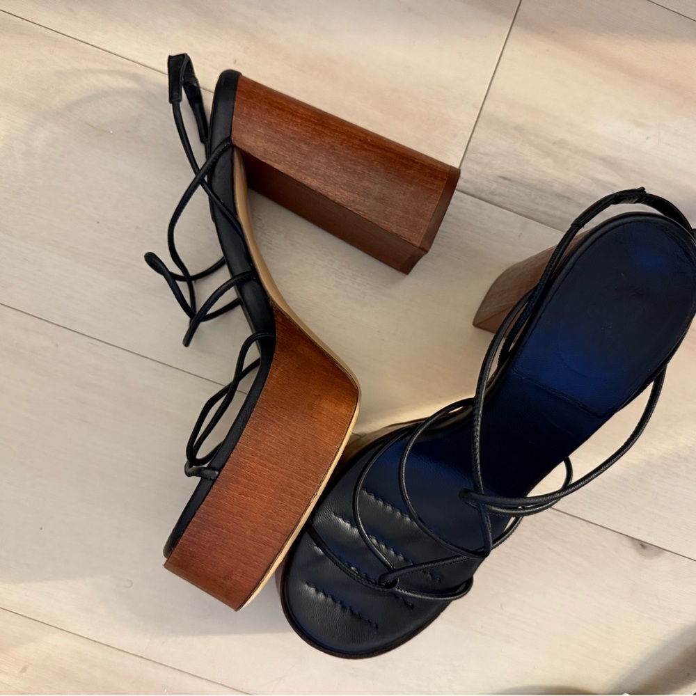 Gia Borghini x RHW Rosie 28 strappy platform sandals with a wood-effect heel.